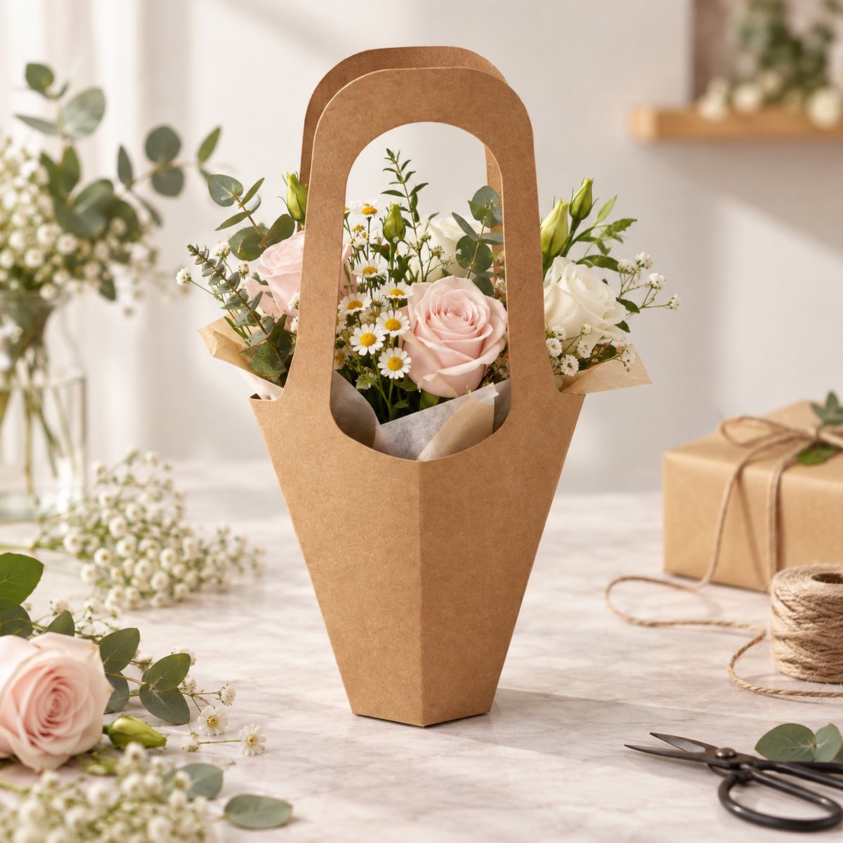 Kraft Flower Gift Box With Handle